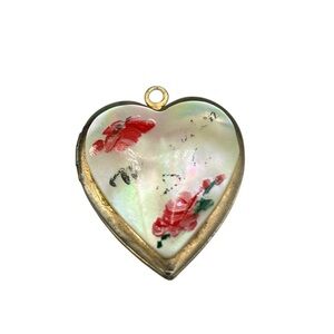 Vintage Mother of Pearl Heart Locket Pendant Hand Painted Floral